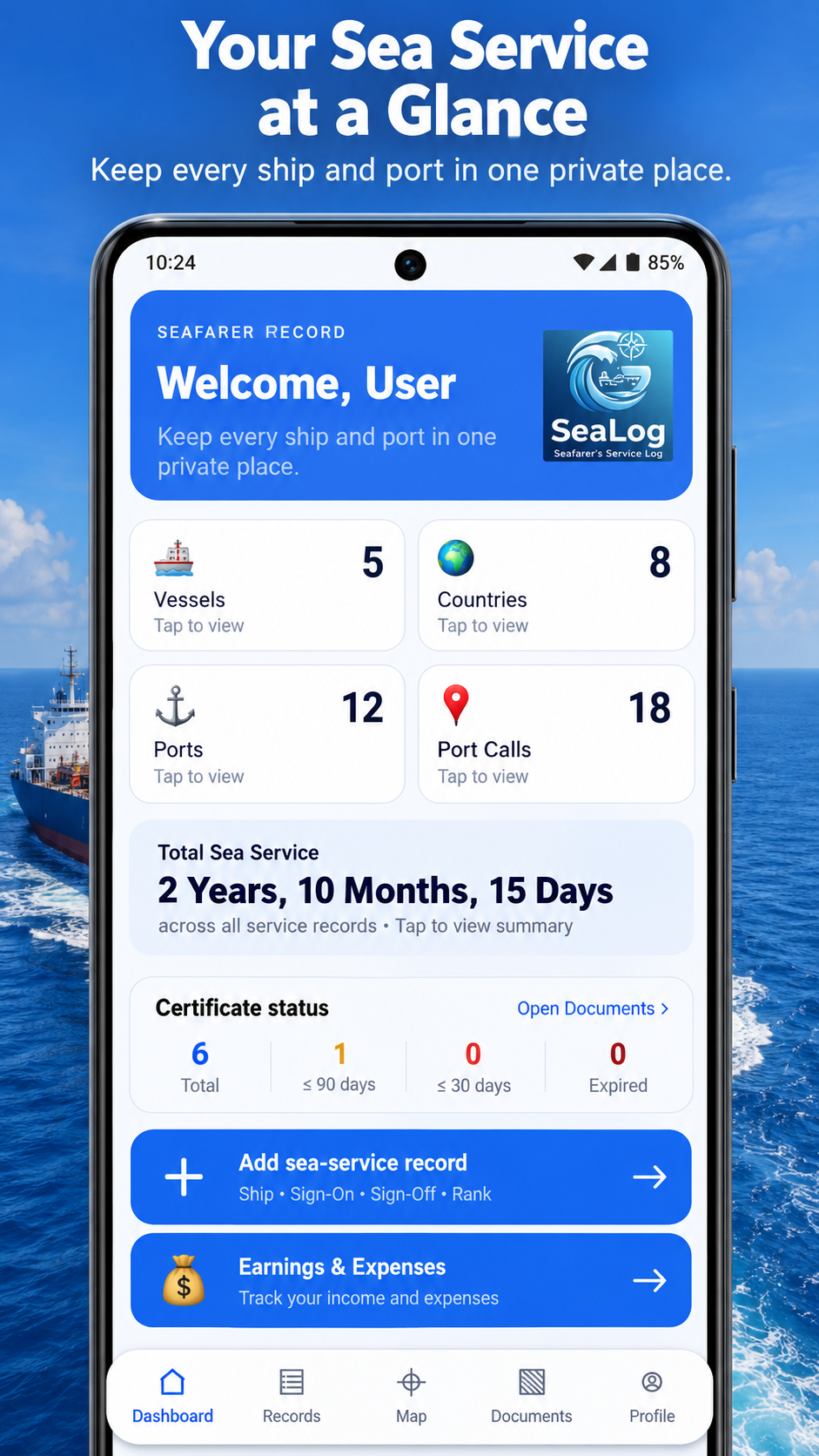 SeaLog dashboard promotional image showing a summary of sea service