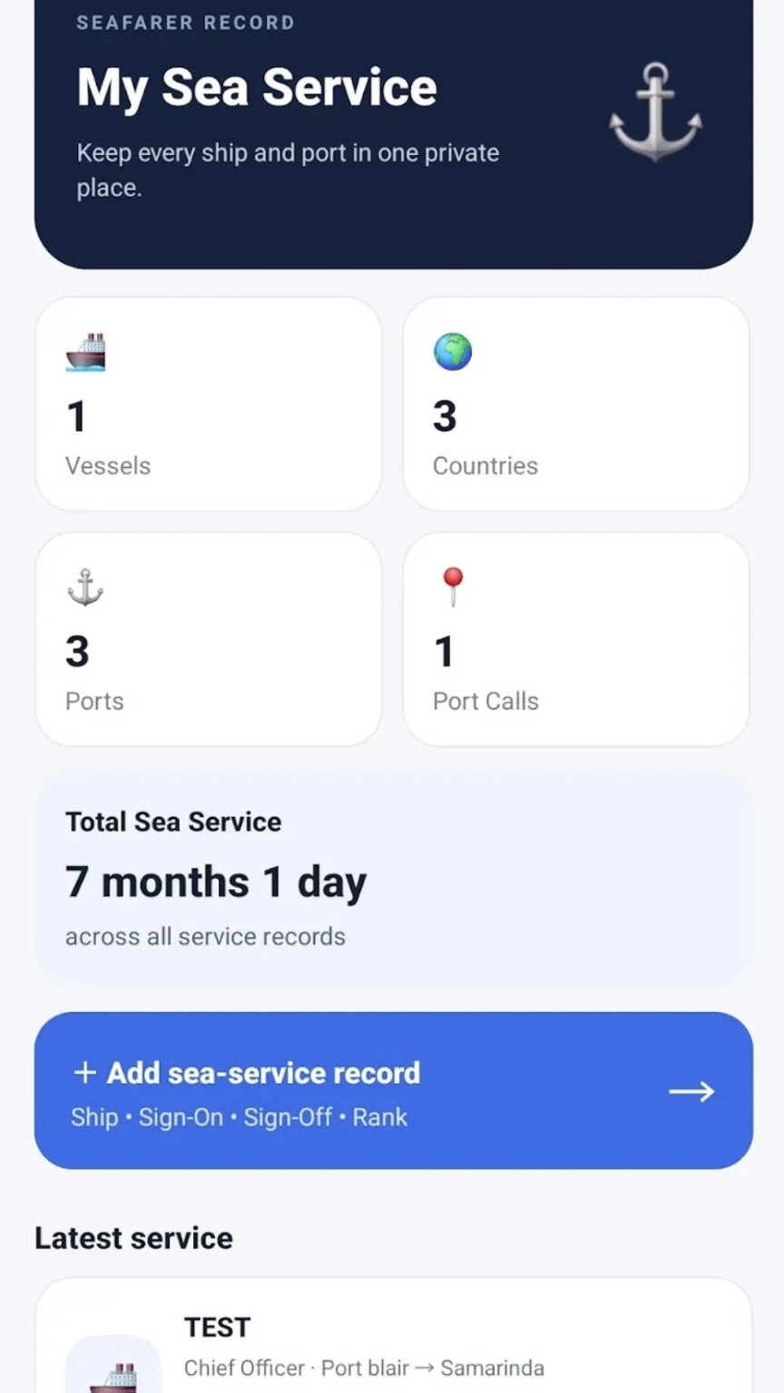 SeaLog dashboard showing vessels, ports and total sea service