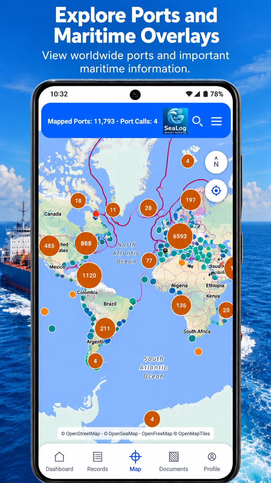 SeaLog interactive map promotional image showing maritime ports