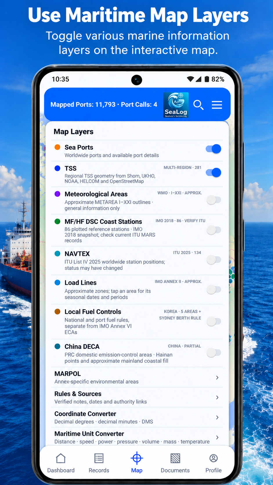SeaLog maritime map layers promotional image