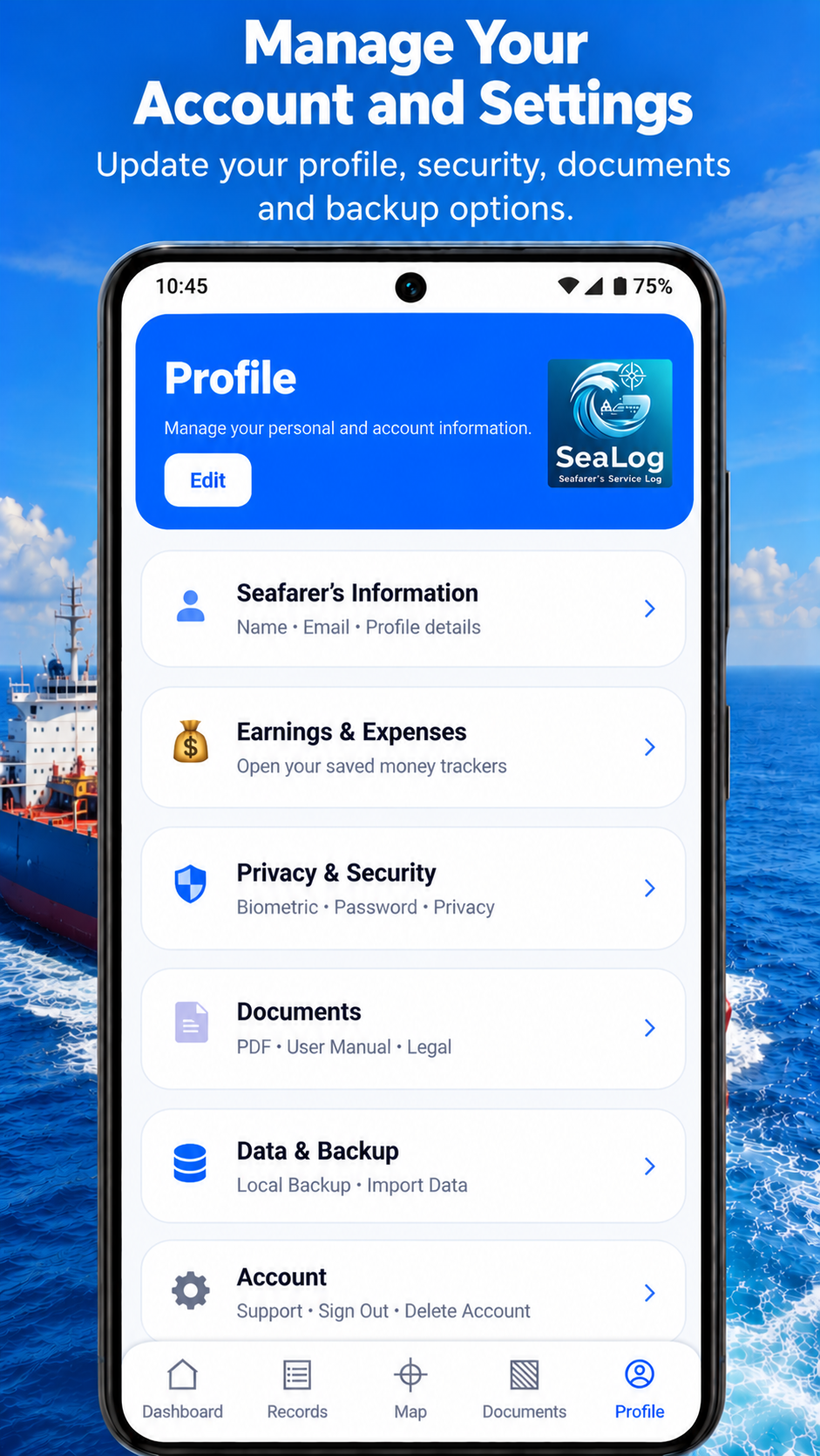 SeaLog profile and settings promotional image