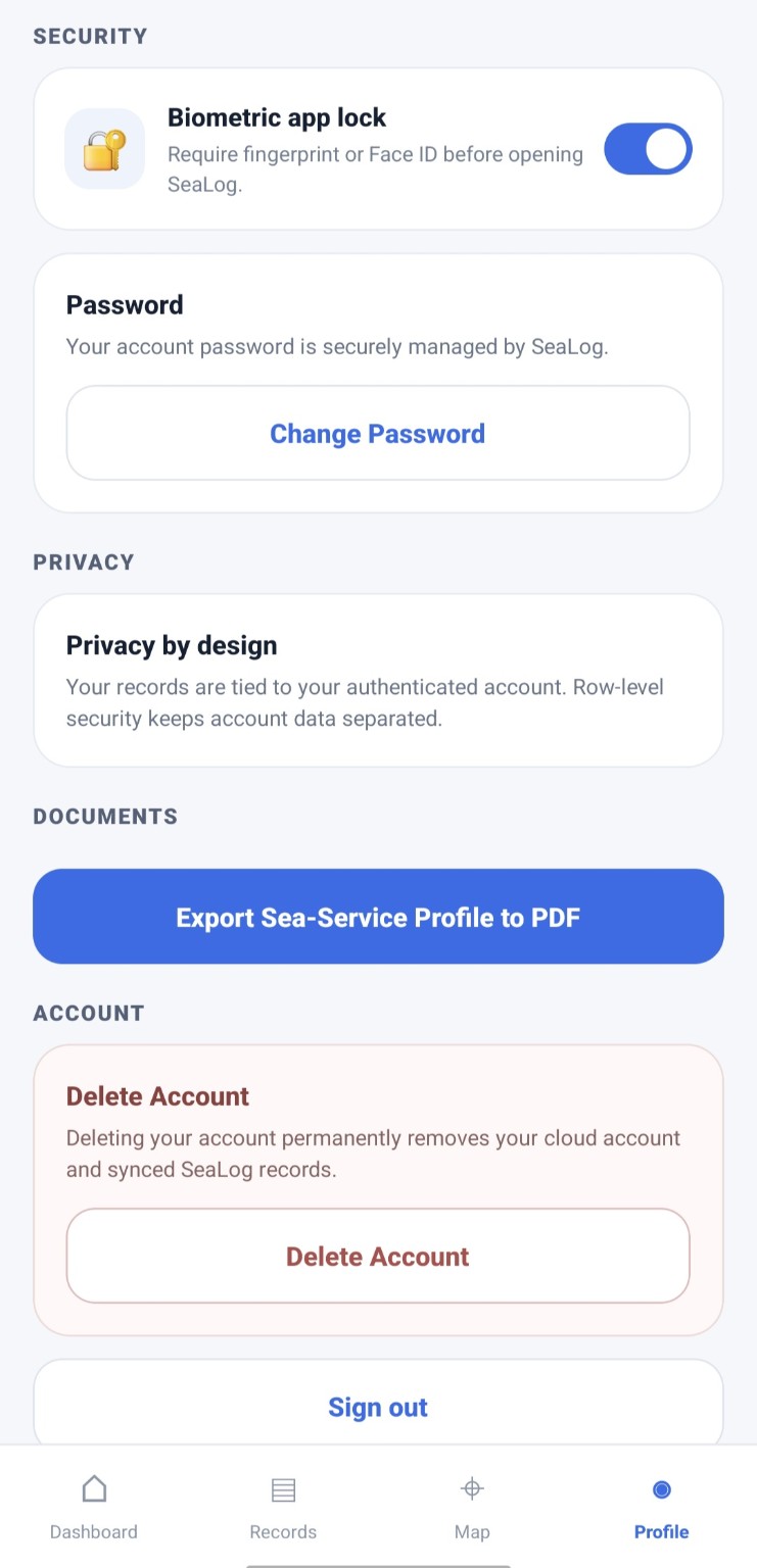 SeaLog profile, security and privacy settings